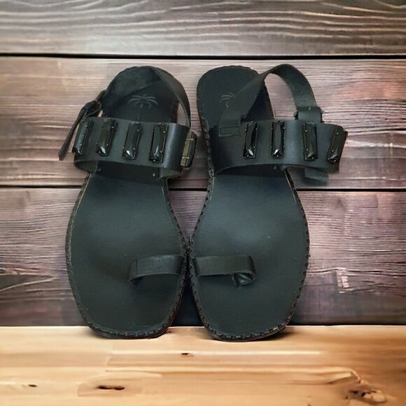 Tomas Maier Black Jewel Sandal Toe Loop Ring Gladiator Flat Boho Size 8 - Picture 2 of 13